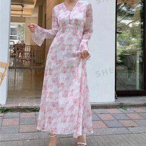 Floral Print Flounce Full Sleeve Ruffle Hem Midi A-line Lightweight Pink Dress